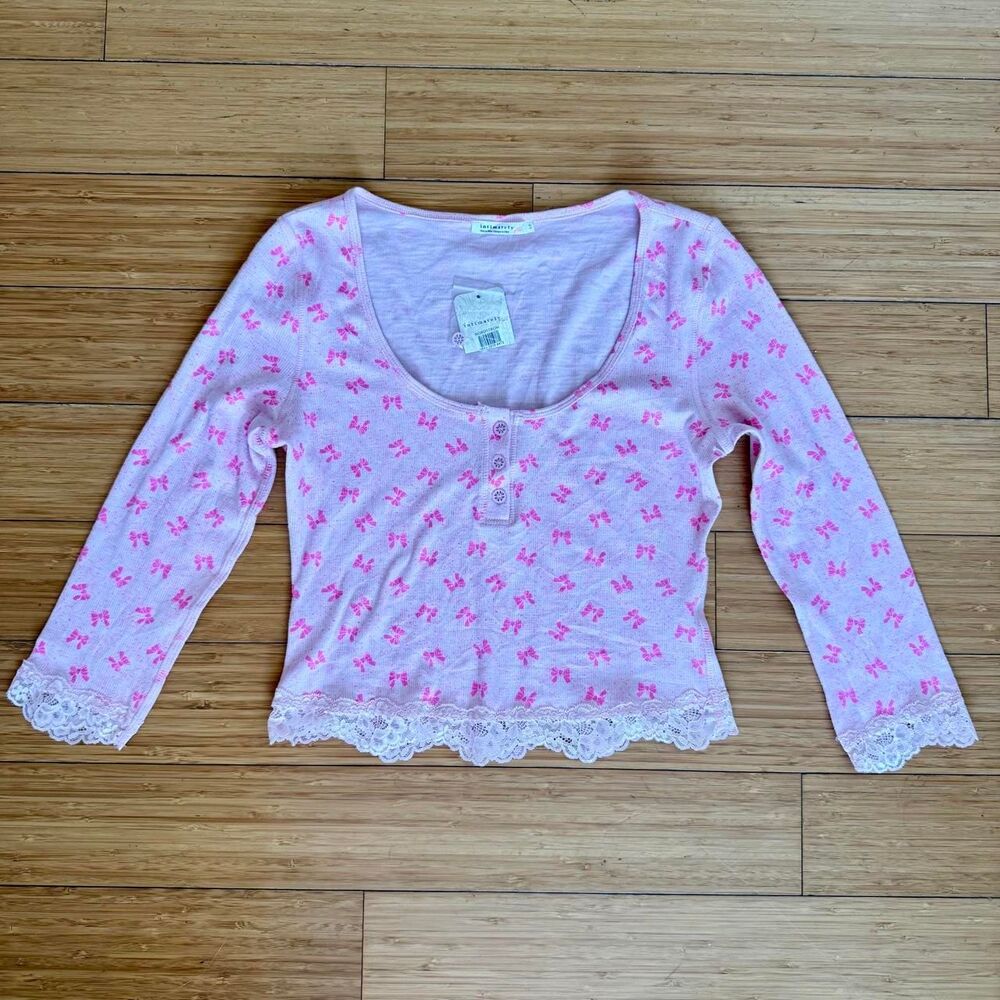 Intimately Free People Pink Ribbon Bow Lace Trim PJ Top NWT Small